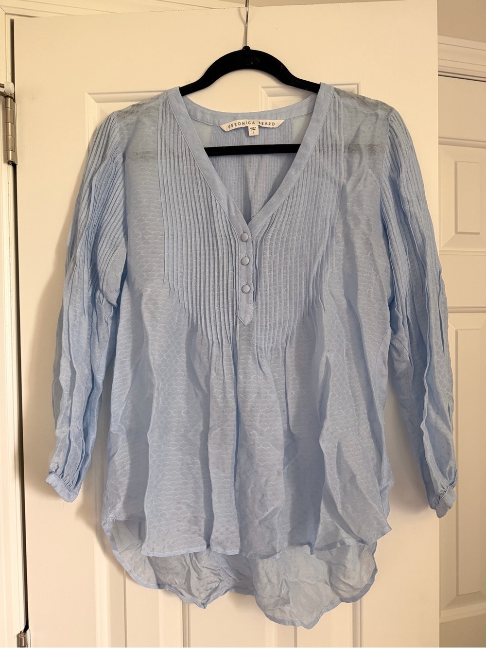 Veronica Beard Sky Blue Pintuck V-Neck Peasant Blouse